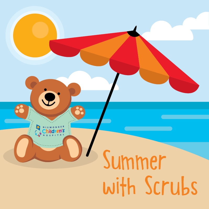 Summer with Scrubs, Scrubs the bear sitting on an island in the sun with an beach umbrella