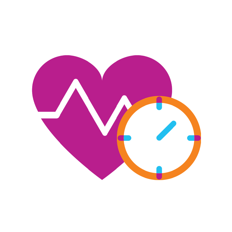 Iconography of a heart next to a timer for measuring blood pressure