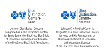 BlueCross BlueShield Blue Distinction Center+ Spine logo and Blue Distinction Center+ Knee & Hip logo; Johnson City Medical Center is designated as a Blue Distinction Center+ for both spine surgery and knee and hip replacement by BCBS of Tennessee