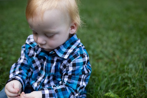 Sitting toddler looking at blade of grass