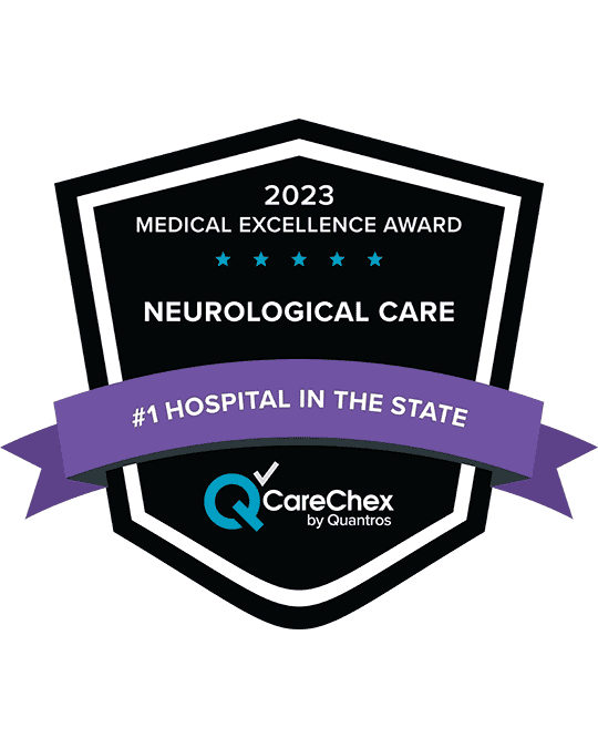 Award badge for No. 1 Hospital in Tennessee for Medical Excellence in Neurological Care - 2023 CareChex by Quantros