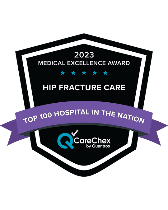Awards badge for Top 10% Hospital in the Nation for Medical Excellence in Hip Fracture Care - 2023 CareChex by Quantros