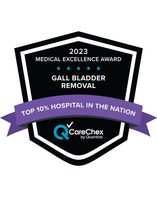 Awards badge for Top 10% Hospital in the State for Medical Excellence in Gall Bladder Removal - 2023 CareChex by Quantros