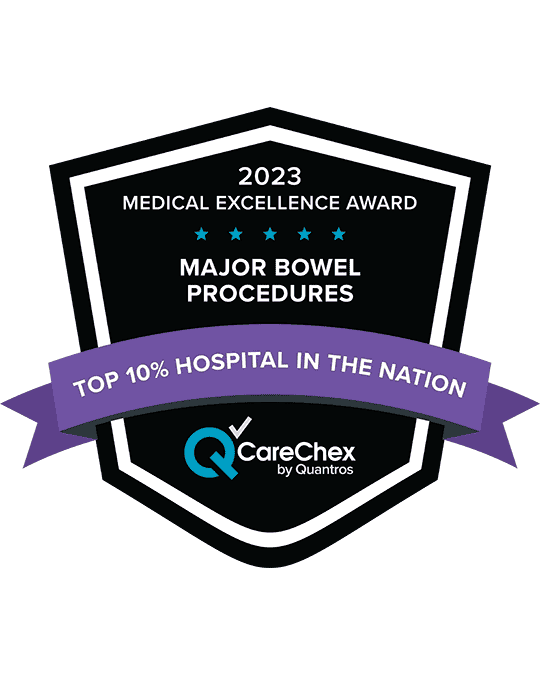 Award badge for Top 10% Hospital in the Nation for Medical Excellence in Major Bowel Procedures - 2023 CareChex by Quantros