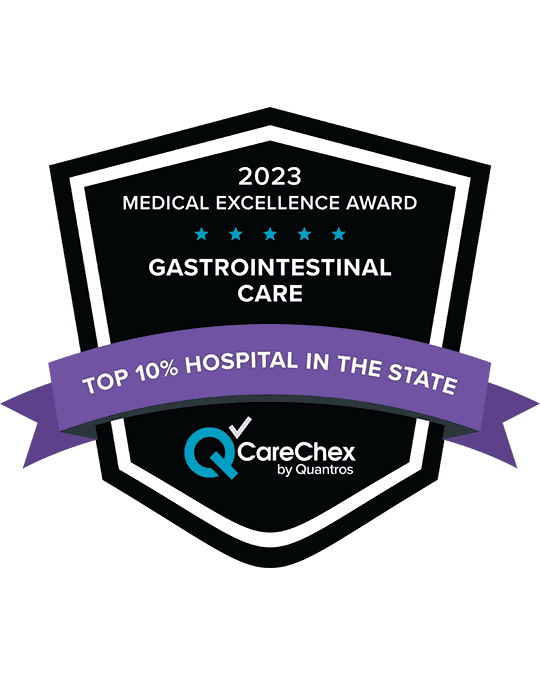 Awards badge for Top 10% Hospital in the State for Medical Excellence in Gastrointestinal Care - 2023 CareChex by Quantros