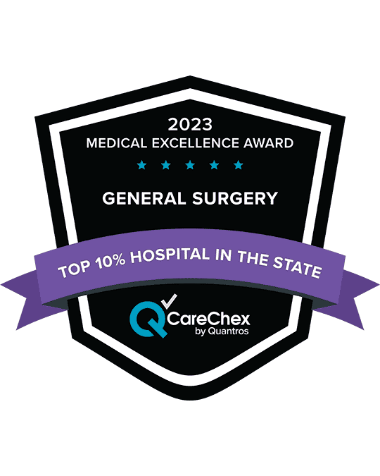 Awards badge for Top 10% Hospital in the State for Medical Excellence in General Surgery - 2023 CareChex by Quantros