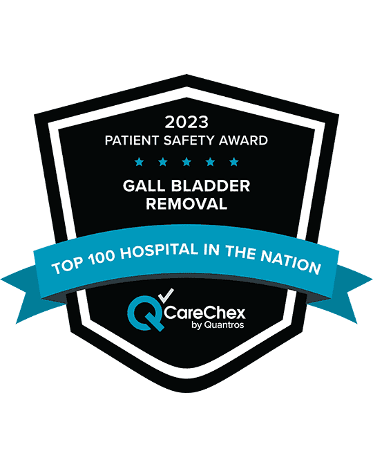 Awards badge for Top 100 Hospital in the Nation for Patient Safety in Gall Bladder Removal - 2023 CareChex by Quantros