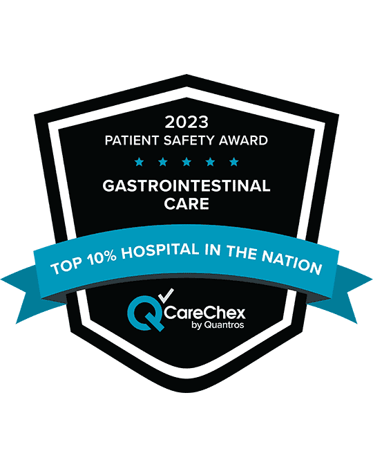 Awards badge for Top 10% Hospital in the Nation for Patient Safety in Gastrointestinal Care - 2023 CareChex by Quantros