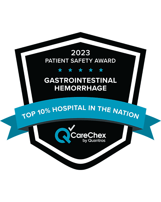 Awards badge for Top 10% Hospital in the Nation for Patient Safety in Gastrointestinal Hemorrhage - 2023 CareChex by Quantros