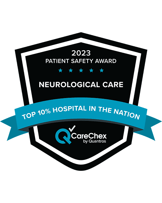 Award badge for Top 10% Hospital in the Nation for Patient Safety in Neurological Care - 2023 CareChex by Quantros