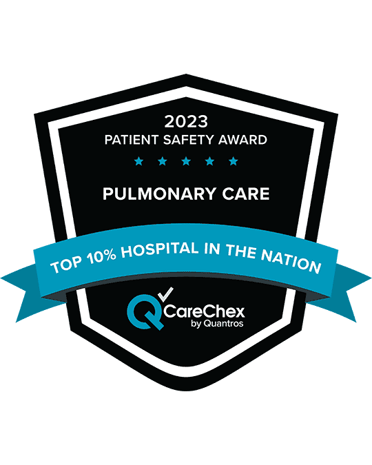 Awards badge for Top 10% Hospital in the Nation for Patient Safety in Pulmonary Care - 2023 CareChex by Quantros