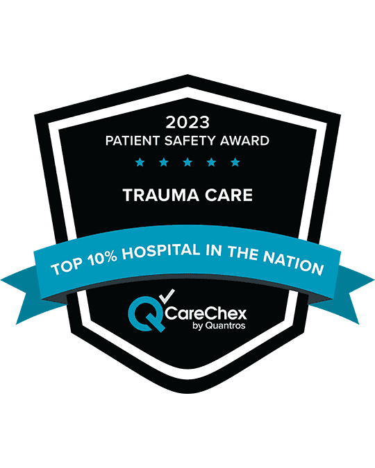 Awards badge for Top 10% Hospital in the Nation for Patient Safety in Trauma Care - 2023 CareChex by Quantros
