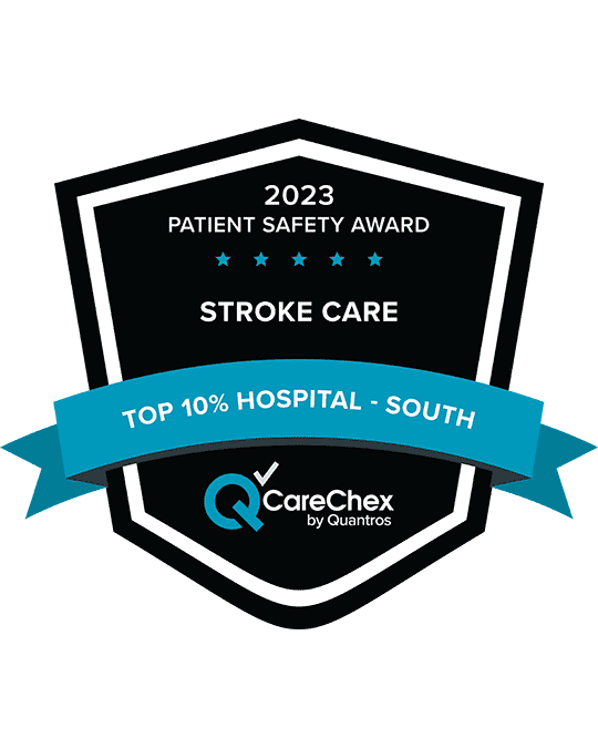 Award badge for Top 10% Hospital in the Nation for Patient Safety in Stroke Care - 2023 CareChex by Quantros