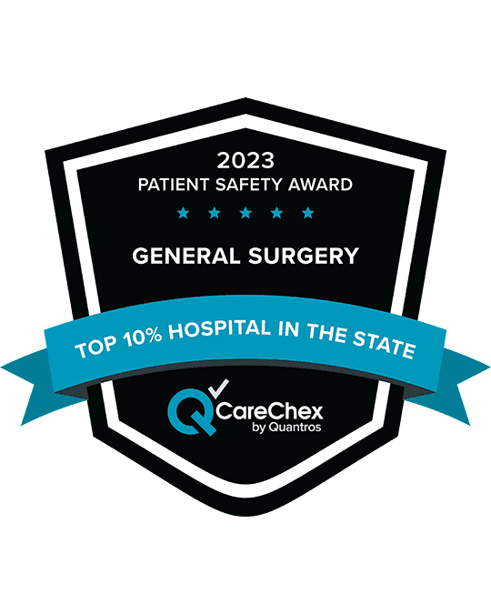 Awards badge for Top 10% Hospital in the State for Patient Safety in General Surgery - 2023 CareChex by Quantros