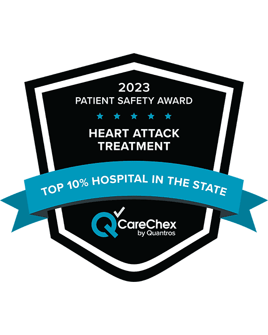 Awards badge for Top 10% Hospital in the Nation for Patient Safety in Heart Attack Treatment - 2023 CareChex by Quantros