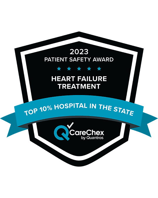 Award badge for Top 10% Hospital in the State for Patient Safety in Heart Failure Treatment - 2023 CareChex by Quantros