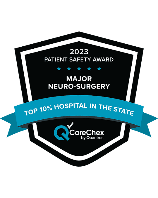 Awards badge for Top 10% Hospital in the State for Patient Safety in Major Neurological Surgery - 2023 CareChex by Quantros
