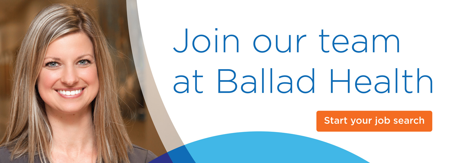 "Join our team at Ballad Health" banner with a smiling nurse and "Start your job search" button
