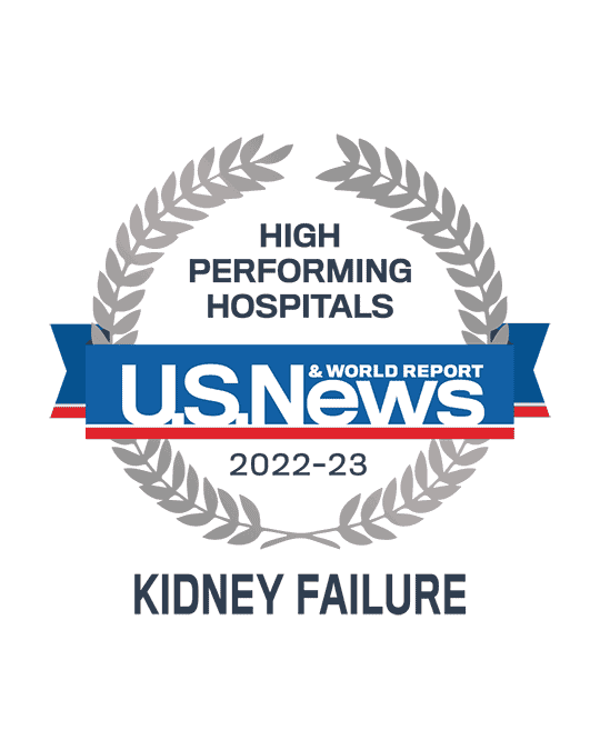 Awards badge for High Performing Hospitals for Kidney Failure - U.S. News and World Report 2022-23