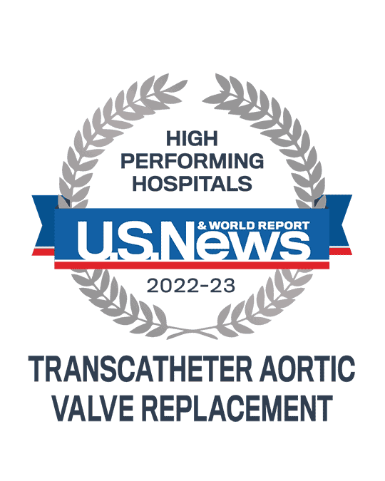 Awards badge for High Performing Hospitals for Transcatheter Aortic Valve Replacement - U.S. News and World Report 2022-23