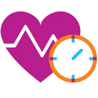 Icon of human heart with a clock face to measure blood pressure