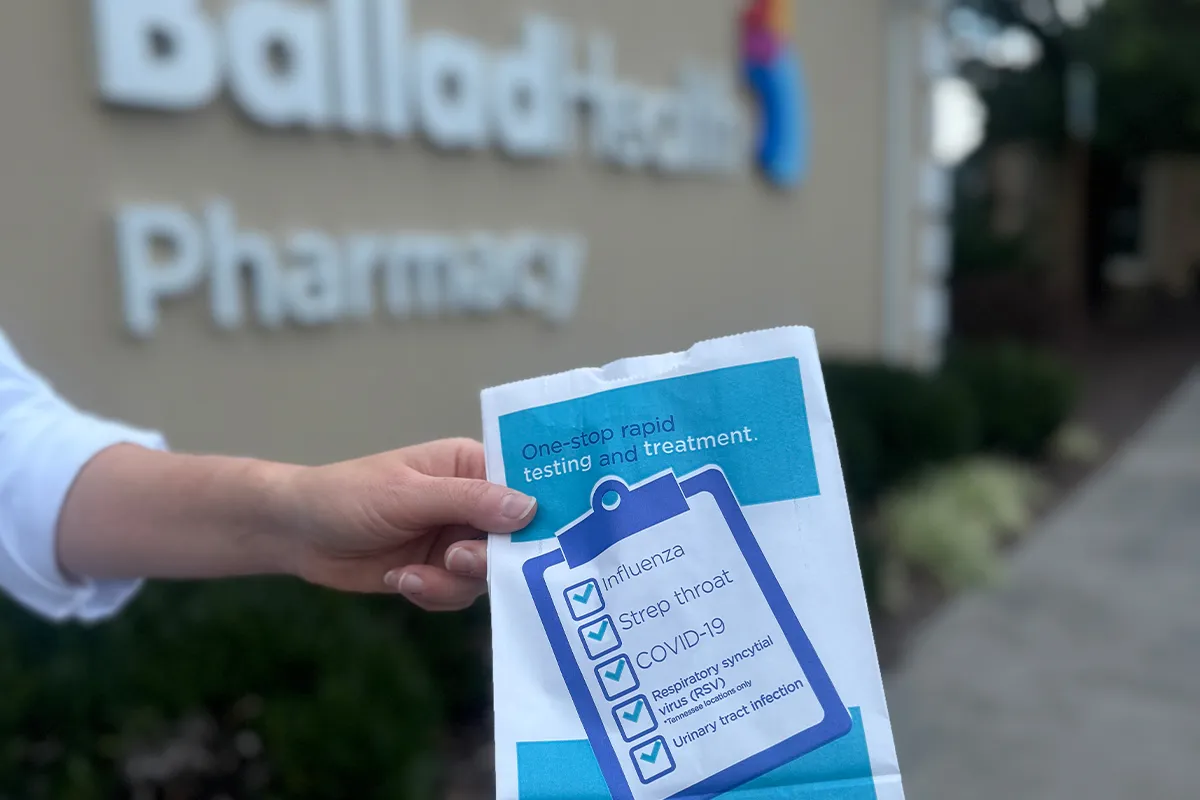 Photo of prescription bag in front of Ballad Health Pharmacy location