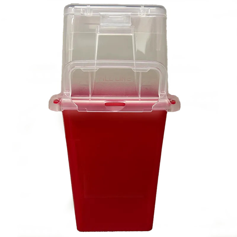 Red safe sharps container with clear lid
