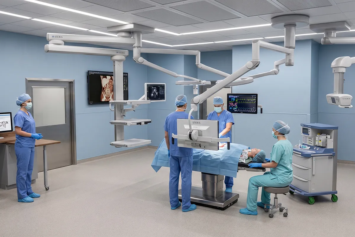Digital rendering of updated pediatric operating room with a patient on the table, surgeons, nurses, and new equipment