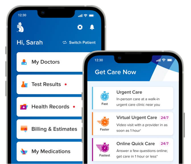 Ballad Health mobile app home screen and get care screen